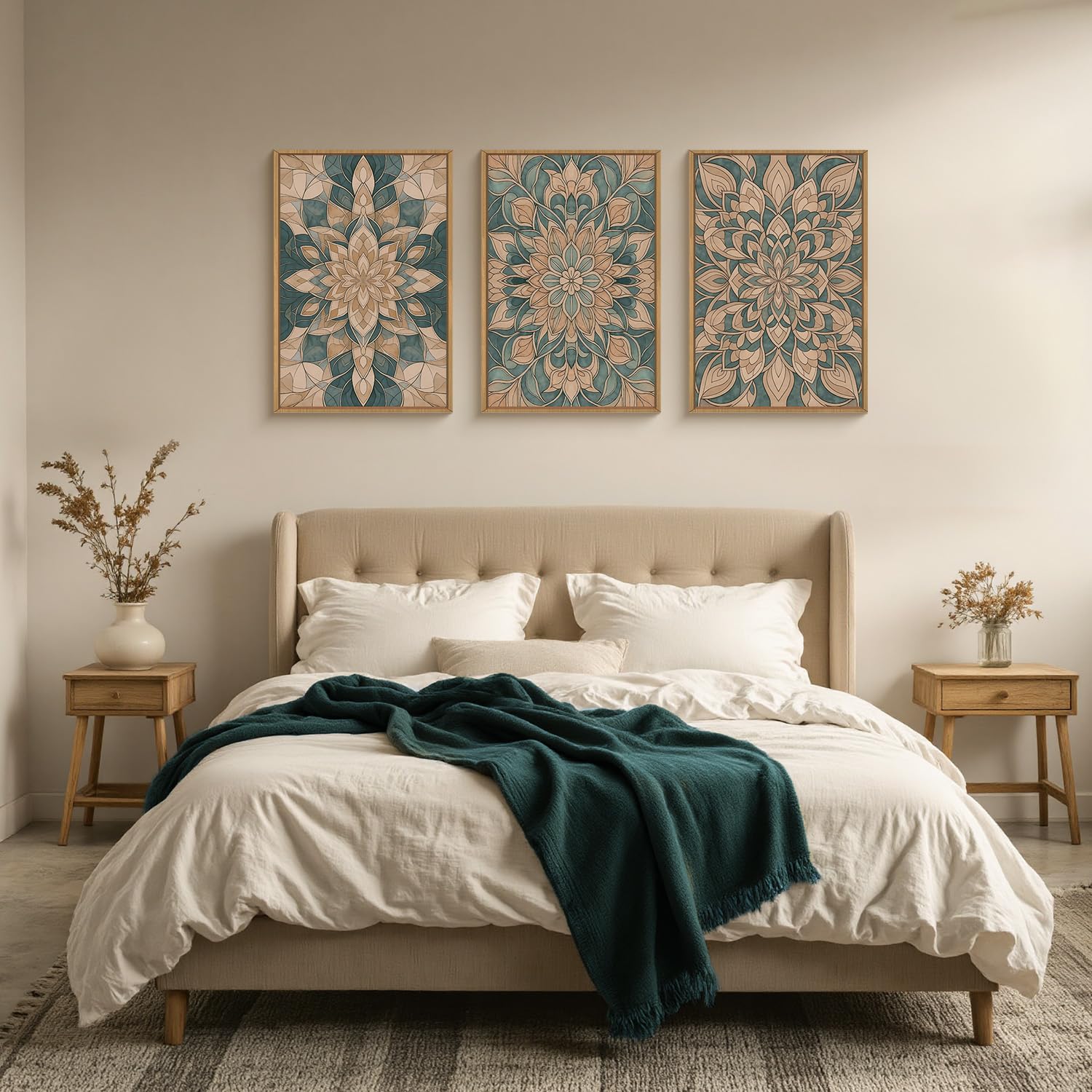 HLNIUC Mandala Flower Wall Art Set of 3, Green Scandinavian Botanical Framed Wall Decor(16x24),Norwegian Folk Art Canvas, Bohemi